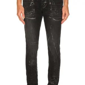 Liluo 2024 calças jeans personalizadas de alta qualidade em tecido preto punk spray branco slim fit para homens