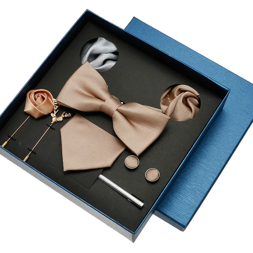 Conjunto de corbatas y pañuelos de champán de lujo para hombre, broches de pajarita de seda, conjunto de corbata para hombre, accesorios lisos