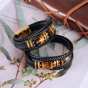 สร้อยข้อมือไทเกอร์อายสำหรับผู้ชาย หนังหลายชั้น หินธรรมชาติ ตัวล็อคแม่เหล็ก ของขวัญ เครื่องประดับ 7.5 8.5 9 นิ้ว - Product Image 2