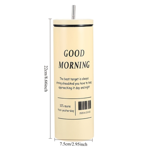 Gobelet isotherme fin en acier inoxydable de 20 oz avec couvercle à paille et impression de texte « Good Morning Iced Americano », idéal pour le café et les boissons froides - Product Image 3