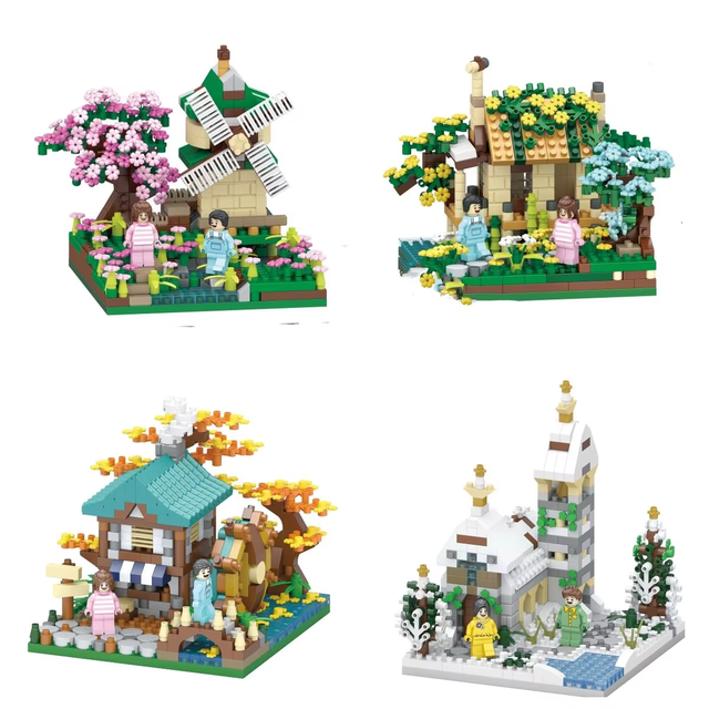 Wholesale River Windmill Sakura Tree Plants Diamond Building Blocks Sets 638pcs MOC 3D City Street View Series Mini Micro Bricks