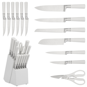 14‑Piece White Ergonomic Handle Silver Metal Ring <b>Sharp</b> Kitchen <b>Knife</b> <b>Set</b> Stainless Steel Cutlery <b>Set</b> with White Block - Product Image 1