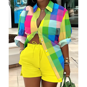 New Most Popular Fashion Printed Temperament Women's Long Sleeve Button Turn-down Collar Knitted <b>Blouse</b> Shorts Casual Set - Product Image 3