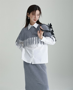 Set di due pezzi grigio alla moda da <span class=keywords><strong>donna</strong></span> autunno nuovo Design senso nicchia nappa scialle gonna vestito a due pezzi lavorato a maglia - Product Image 4