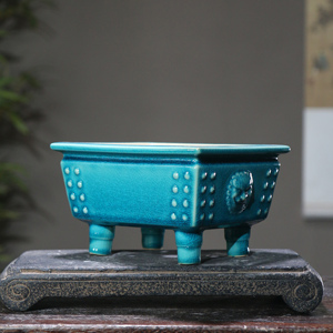 Rectangular Ceramic Bonsai <b>Pot</b> With Animal Face Knob Drum Shape Incense Burner <b>Tall</b> Footed Tripod Japanese Style - Product Image 3