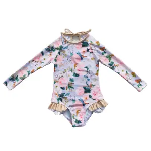תינוק בנות בגדי ים אחת חתיכות ארוך שרוול פרחוני Bodysuits רחצה בגדי תינוקות לפעוטות בנות ביקיני בגד ים 1-14 שנים