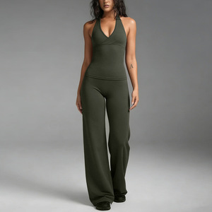 Lot de 2 pièces de vêtements de sport et de yoga à col halter en V profond, pantalon évasé taille haute, séchage rapide - Product Image 5