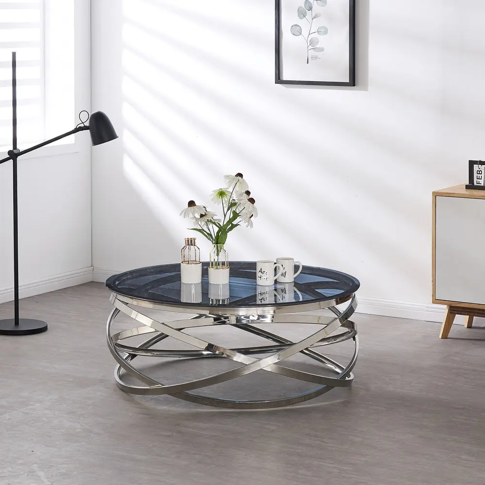 Mesa de centro redonda para sala de estar, mueble moderno de vidrio y acero inoxidable, dorado o plateado