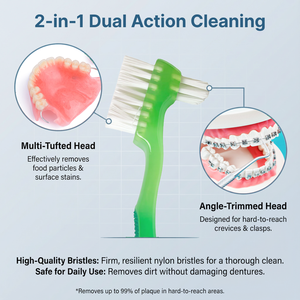 סיטונאי מברשת לשיניים תותבות ראש כפול זיפים רכים ידית ג'ל ארגונומית ניקוי שיניים תותבות לנסיעות - Product Image 3