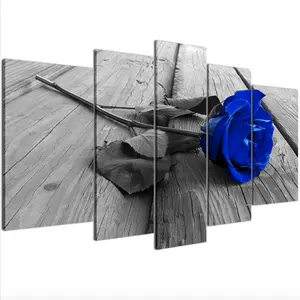 deep canvas painting Suppliers-5 Panels Back White Deep Blue Rose Canvas Large Wall Art Picture Gift Flower Floral Painting