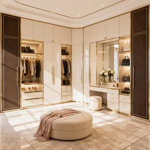 Dressing intégré moderne sur mesure avec zones de suspension, rangements à tiroirs et meuble-lavabo intégré, fabriqué sur mesure - Product Image 1