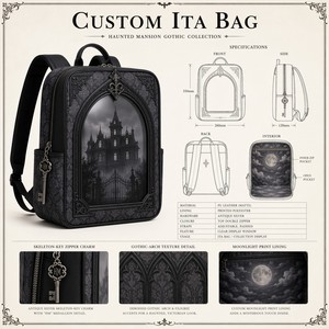 กระเป๋าเป้<span class=keywords><strong>ส</strong></span>ะพายหลังลายโกธิคแบบกำหนดเอง รุ่น Haunted Mansion <span class=keywords><strong>ส</strong></span>ีดำด้าน ทำจากหนัง PU พร้อมหน้าต่างโค้ง ซิปลายกุญแจโครงกระดูก ซับในลายแสงจันทร์ - Product Image 1