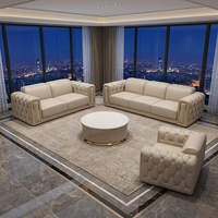 Ensemble de canapés en cuir capitonné beige moderne 3+2+1, mobilier de bureau haut de gamme avec design de style vue sur la ville