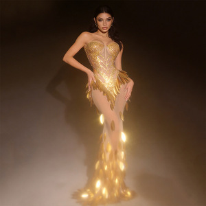 Luxury Style <strong>Gold</strong> Halter Feather Sequin <strong>Dress</strong> Beauty Pageant Walk Show <strong>Dress</strong> <strong>Party</strong> Banquet Birthday Fitted Evening <strong>Party</strong> <strong>Dress</strong> - Product Image 2