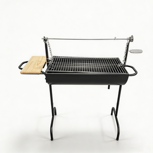 <strong>Drum</strong> Style Charcoal <strong>BBQ</strong> <strong>Grill</strong> Large Area with Rotisserie Spit and Wooden Shelf for Professional Roasting - Product Image 1