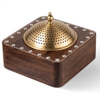 Brûleur à Bakhoor en Bois Fait Main avec Bordure Florale en Nacre, Couvercle en Laiton Jali, Porte-Encens au Charbon, Oudh Mabkhara, Décoration d'Intérieur