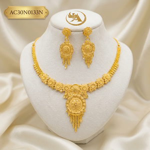 Traditional 18K Gold Plated Brass Floral Short <b>Choker</b> Necklace Set with Matching Drop Earrings for Women | Bridal & Party Wear - Product Image 1