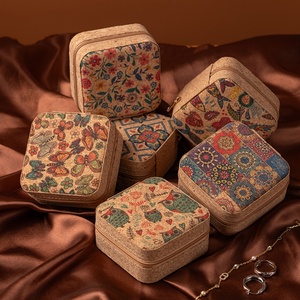 Chinese Retro High-End Square Cork Zipper Closure <b>Floral</b> Pattern Portable Jewelry <b>Box</b> for Earrings Rings Necklace Storage Stock - Product Image 3