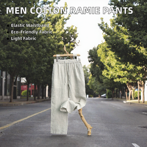 Pantalon long décontracté pour homme en coton et ramie, léger, uni, avec taille élastique et cordon de serrage, couleur unie, coupe droite ample, printemps-été - Product Image 2