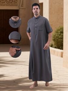 Qamis long en coton pour homme, col montant, manches courtes, longueur au sol, couleur unie, respirant, tenue de prière modeste, style Moyen-Orient - Product Image 3