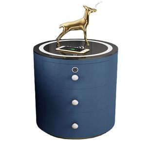 Mesita de noche redonda inteligente con luz led, mueble de dormitorio con carga inalámbrica, de cuero, nuevo diseño - Product Image 6