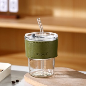 Taza de café de vidrio con cubierta de cuero multicolor y logotipo personalizado, taza de café de 15 Oz, taza de bebida de vidrio aislada con pajita y <span class=keywords><strong>tapa</strong></span> - Product Image 6