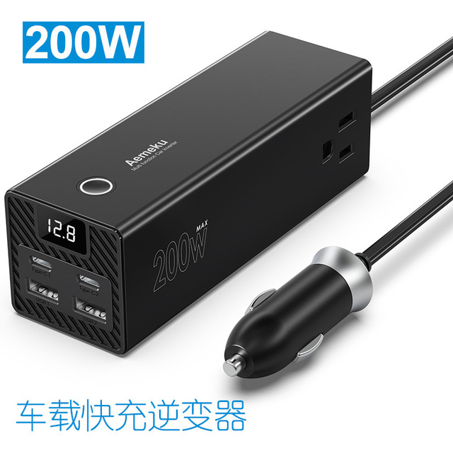 200W Fast Charger Power Inverter 12/24V Car Adapter with Type-C Port for Truck AC & USB Sockets-US & JP Standard
