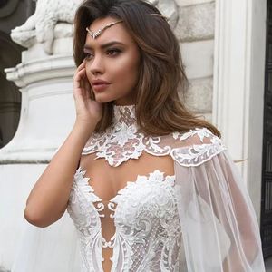 NDB10759 Nouvelle robe de mariée en dentelle à queue de poisson à col rond rêveur, robe de mariée blanche à traîne, deux activités de port - Product Image 4