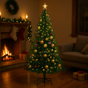 Sapin de Noël artificiel vert de 70,9 pouces avec éclairage LED blanc chaud, décoratif, pour les fêtes, avec base en PVC, acier et plastique - Product Image 2