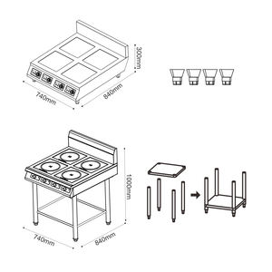 İndüksiyon Ocaklı Restoran Mutfağı Ayaklı 3.5kW 4 Gözlü Paslanmaz Çelik Ticari İndüksiyon Ocak - Product Image 6