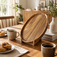 Plateau de service ovale en bois d'acacia avec poignées, plateau en bois pour table basse, présentation de petit-déjeuner