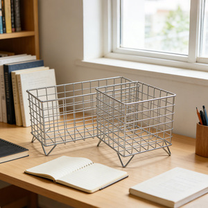 Silver Metal Square <b>Mesh</b> <b>Storage</b> <b>Basket</b> 1 Tier Hollow Office Home Organizer Bathroom Kitchen Countertop Use - Product Image 1