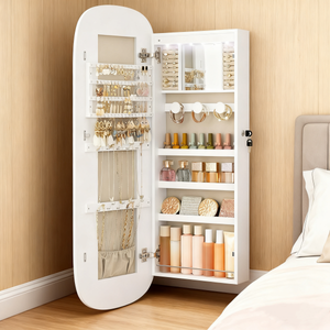 Organisateur de rangement blanc arqué avec panneau frontal réfléchissant, à suspendre au mur, avec verrou de sécurité enfant, pour produits de beauté - Product Image 1