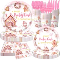 Vaisselle et décorations de fête thème maison en pain d'épices style anime pour baby shower : gobelets, serviettes, assiettes, bannières, guirlandes, nappes