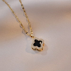 Collar con Colgante de Trébol de Cuatro Hojas de Moda, Chapado en Oro, Acero Inoxidable, Cadena de Clavícula de Cristal, Cadena de Eslabones Clásica, Forma de Flor - Product Image 5