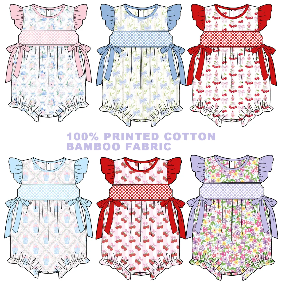 ओडीएम/ओईएम स्मोक्ड बच्चों के कपड़े फ्लोरल 100% प्रिंटेड कॉटन गर्ल बबल स्मोकिंग रफल्स बेबी गर्ल बबल रोम्पर