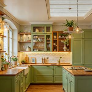 BALOM Custom Plywood Kitchen Cabinet Classic-Modern Style Green Finish With Glass-Front Shelves & Warm Accent Lighting - Product Image 5