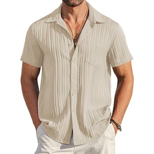 Men's ODM Custom Logo Casual Button <b>Down</b> Shirts Short Sleeve Breathable Stand Collar Textured Summer Beach Shirt with Pocket - Product Image 1