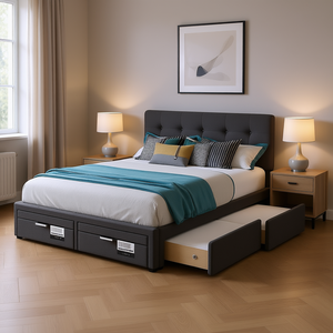 Cama con plataforma tapizada en gris oscuro tamaño Queen con 2 cajones y cama nido tamaño Twin XL, diseño moderno en tela de lino - Product Image 2