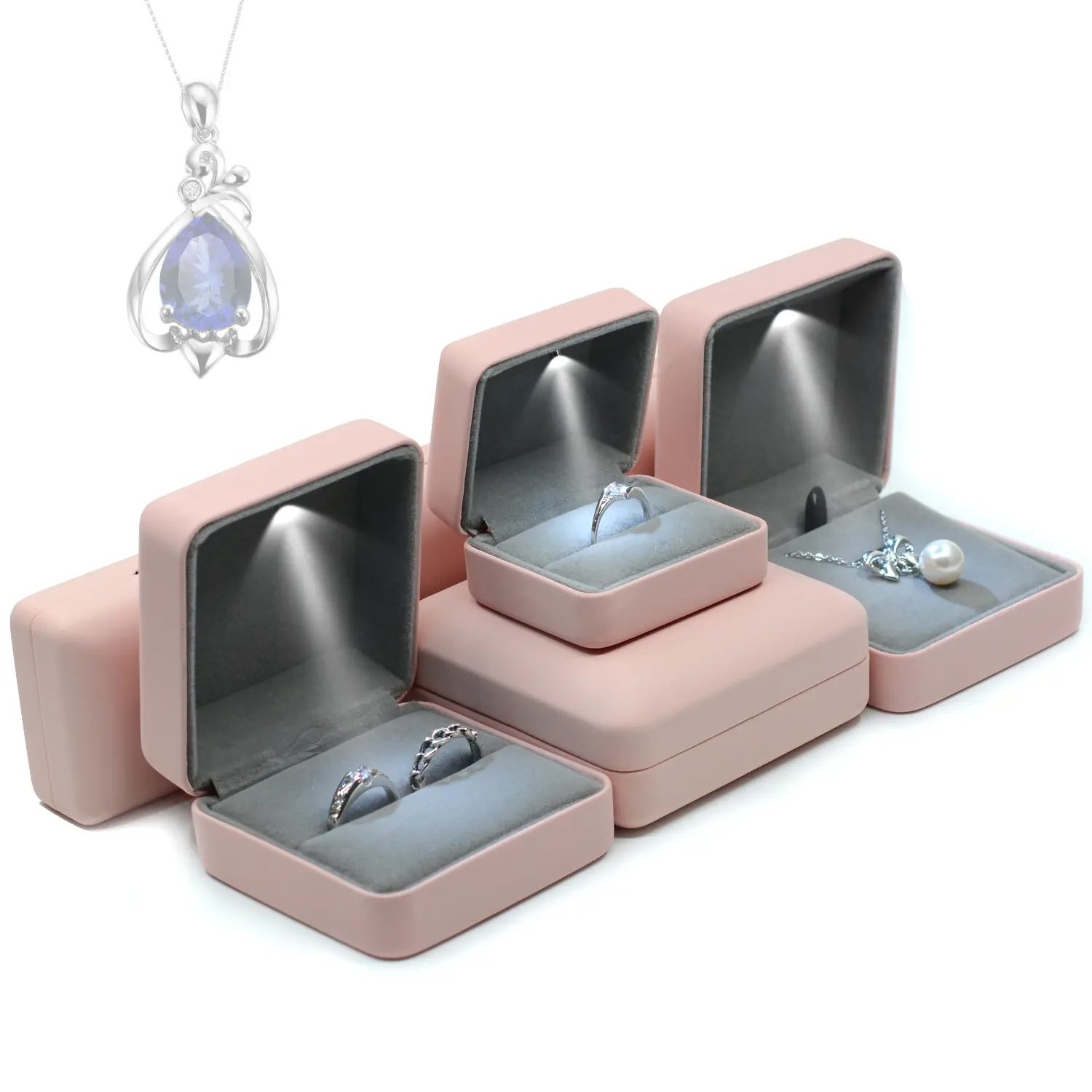Scatola dell'anello di lusso d'imballaggio del regalo dell'esposizione dei gioielli romantici su ordinazione all'ingrosso con il LED si illumina