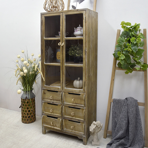 Buffet de salle à manger de style ferme antique traditionnel, 2 portes en verre, 6 tiroirs, design rustique haut, bois recyclé, bar à domicile, hôtel - Product Image 2