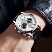 Jam Tangan Pria Sport Sederhana Bisnis Mewah LG89128, Casing Baja Tahan Karat, Tali Kulit, Mesin Quartz, Tahan Air, Kronograf