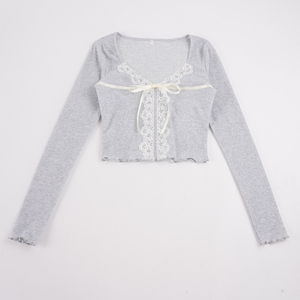 Women's Solid V-Neck Lace Bow Knit <b>Top</b> Cropped Long Sleeve Tee with Slim Fit Sweet Sexy <b>Y2K</b> Casual Pullover (Spandex/Polyester) - Product Image 2