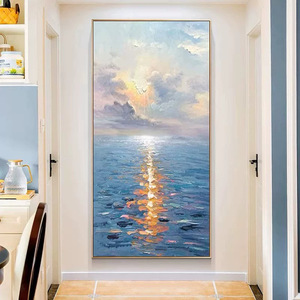 Hand Painted Oil Painting Seascape Sunrise Blue Tone <b>Framed</b> Impressionism Art For Entryway Hallway <b>Wall</b> Decor - Product Image 2