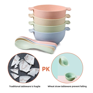 Bol pour enfants en paille de blé avec cuillère, double poignée, anti-brûlure, incassable, pour bébé, soupe et nouilles, vente en gros - Product Image 1