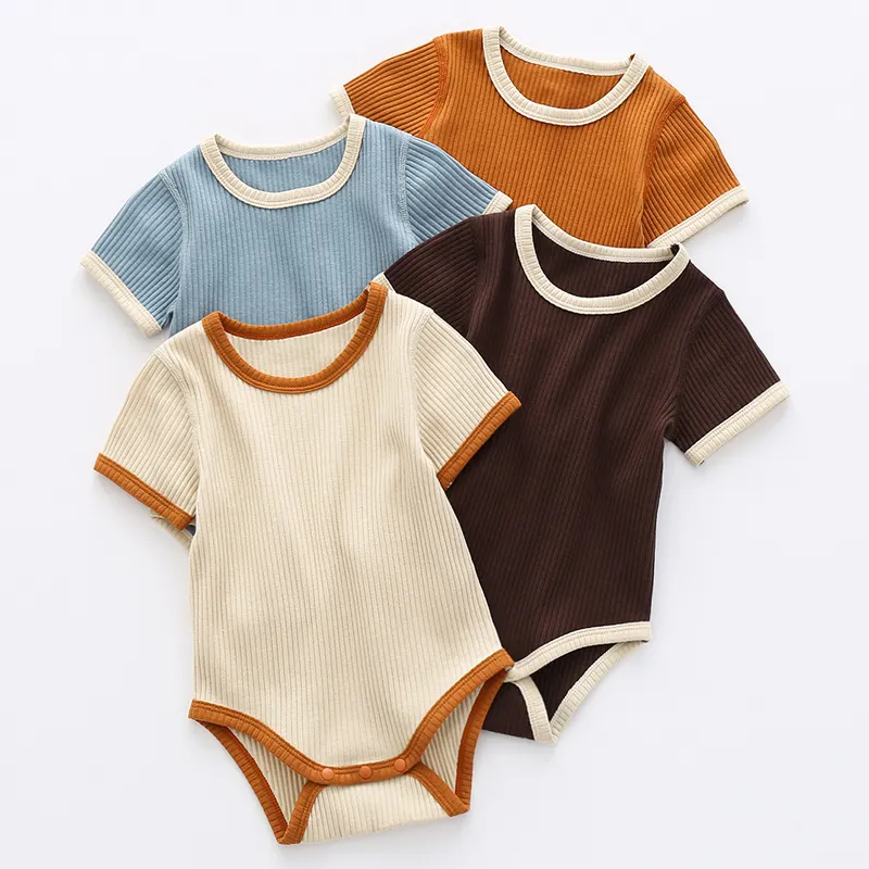 Customize boy girl summer baby climbing suit clothes smocked ribbed cotton clothing short sleeve rompers jumpsuit bodysuit