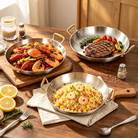 Wajan Penggorengan Datar Bergagang Ganda Bahan Stainless Steel 304 untuk Paella Seafood Spanyol, Cocok untuk Restoran Barat, Steak, dan Hadiah Bisnis