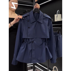 Manteau <span class=keywords><strong>court</strong></span> en molleton <span class=keywords><strong>bleu</strong></span> <span class=keywords><strong>marine</strong></span> de style européen vintage pour femmes, automne - Product Image 3