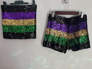 Shorts à paillettes pour le Mardi Gras, prêts à être expédiés, pour adultes, rayés, violet, or, <span class=keywords><strong>vert</strong></span>, fête, brillants, scintillants - Product Image 4