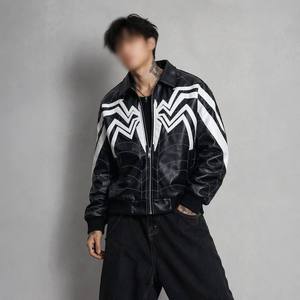 Custom Leather Y2K Grunge Cobweb Emblem Web Stitch Stripe Sleeve <b>Zip</b> <b>Up</b> <b>Jacket</b> for Men Clothing Manufacturer - Product Image 1